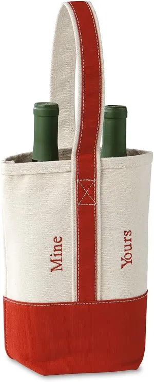 Personalized Yours and Mine Wine Tote - Cotton Canvas 16 ounce Bag, Holds 2 Bottles of Wine
