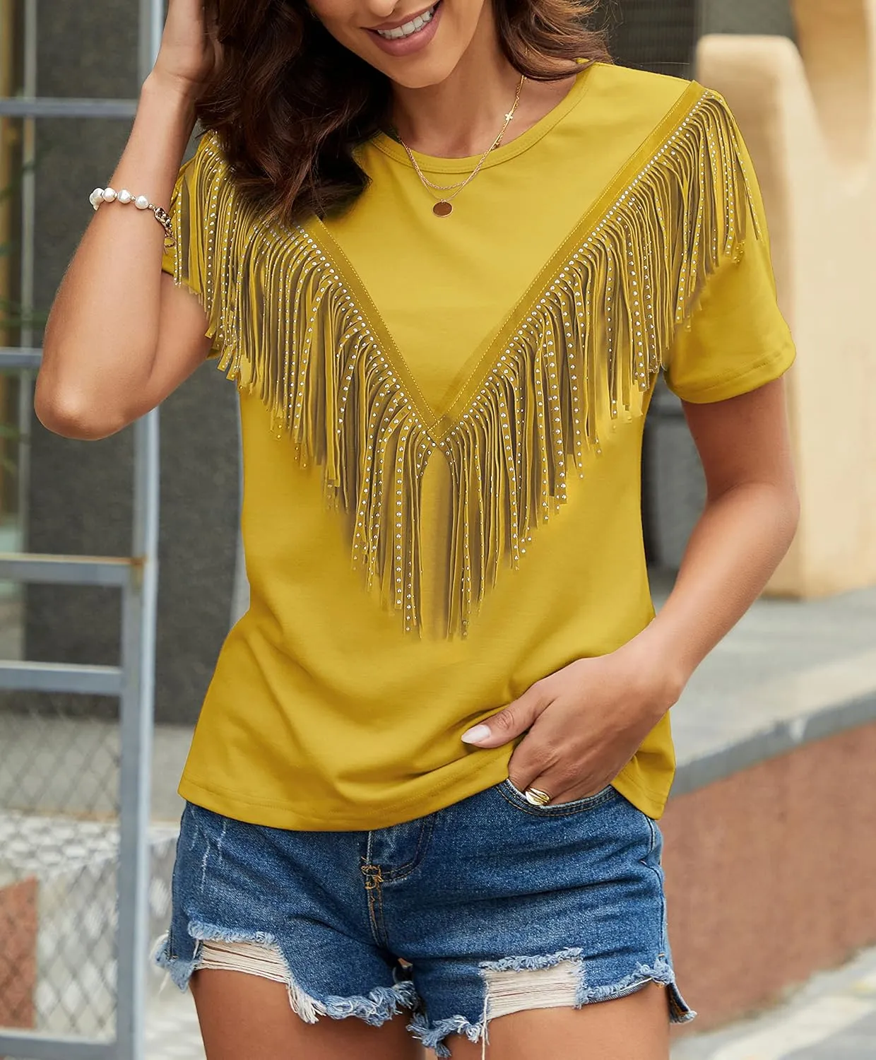 PESION Women's Fringe Trim Shirts Short Sleeve Tassel Trim Blouse T-Shirt Tops