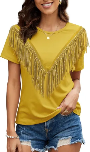 PESION Women's Fringe Trim Shirts Short Sleeve Tassel Trim Blouse T-Shirt Tops