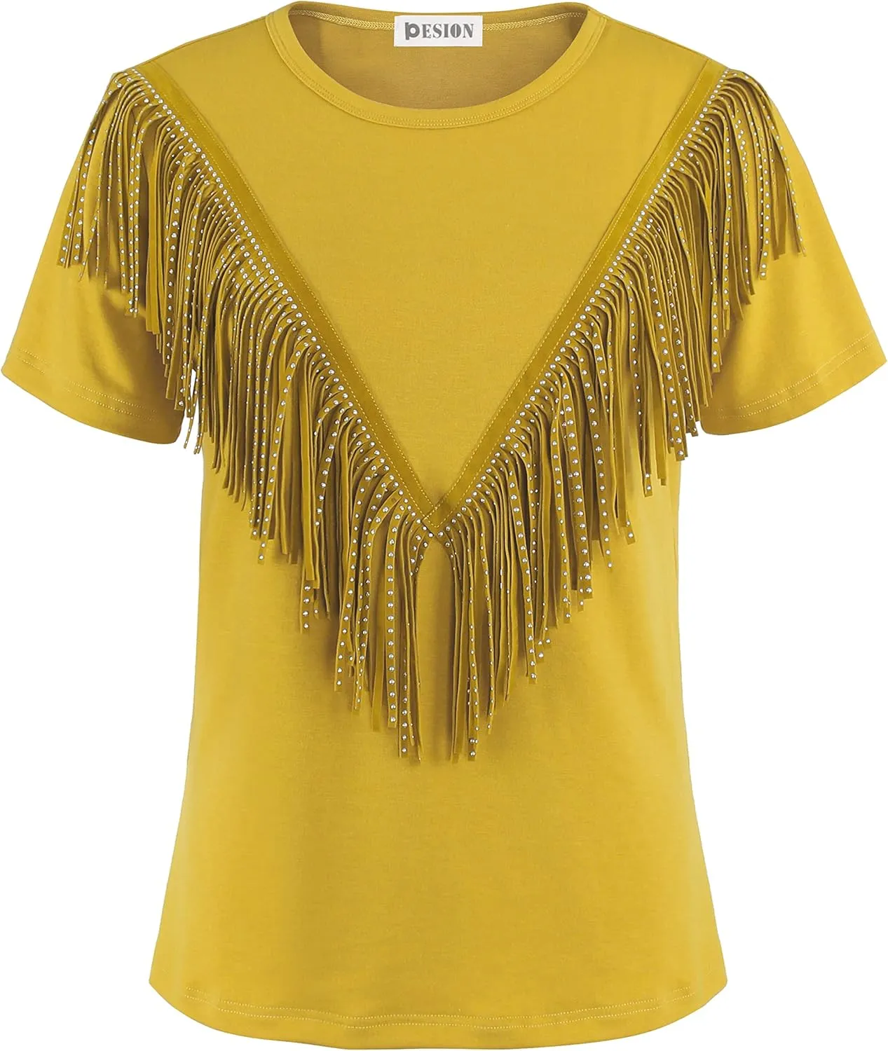 PESION Women's Fringe Trim Shirts Short Sleeve Tassel Trim Blouse T-Shirt Tops