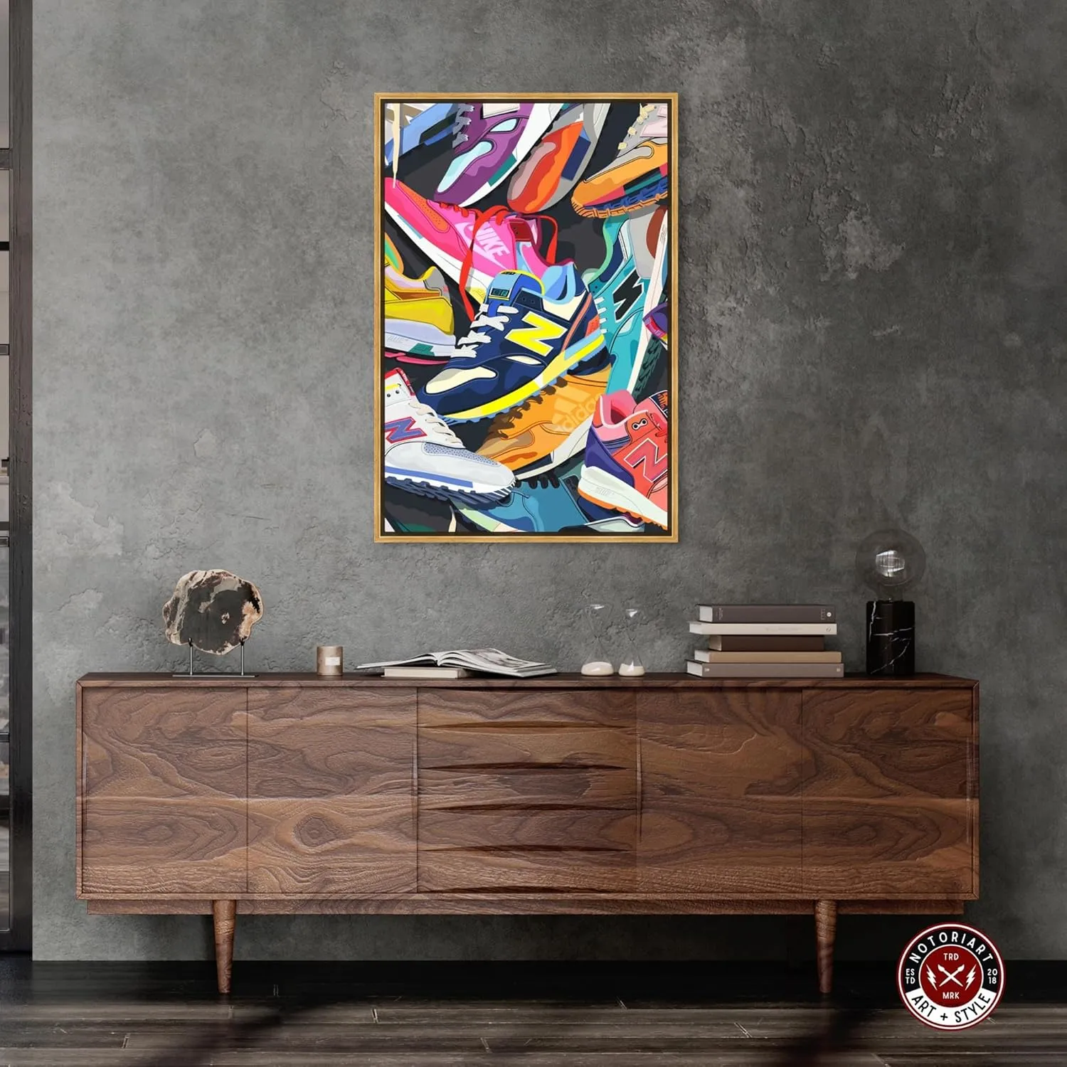 Pile of Sneakers Canvas Urban Graffiti Wall Art by Notoriart, Gold Frame, 24" x 36"