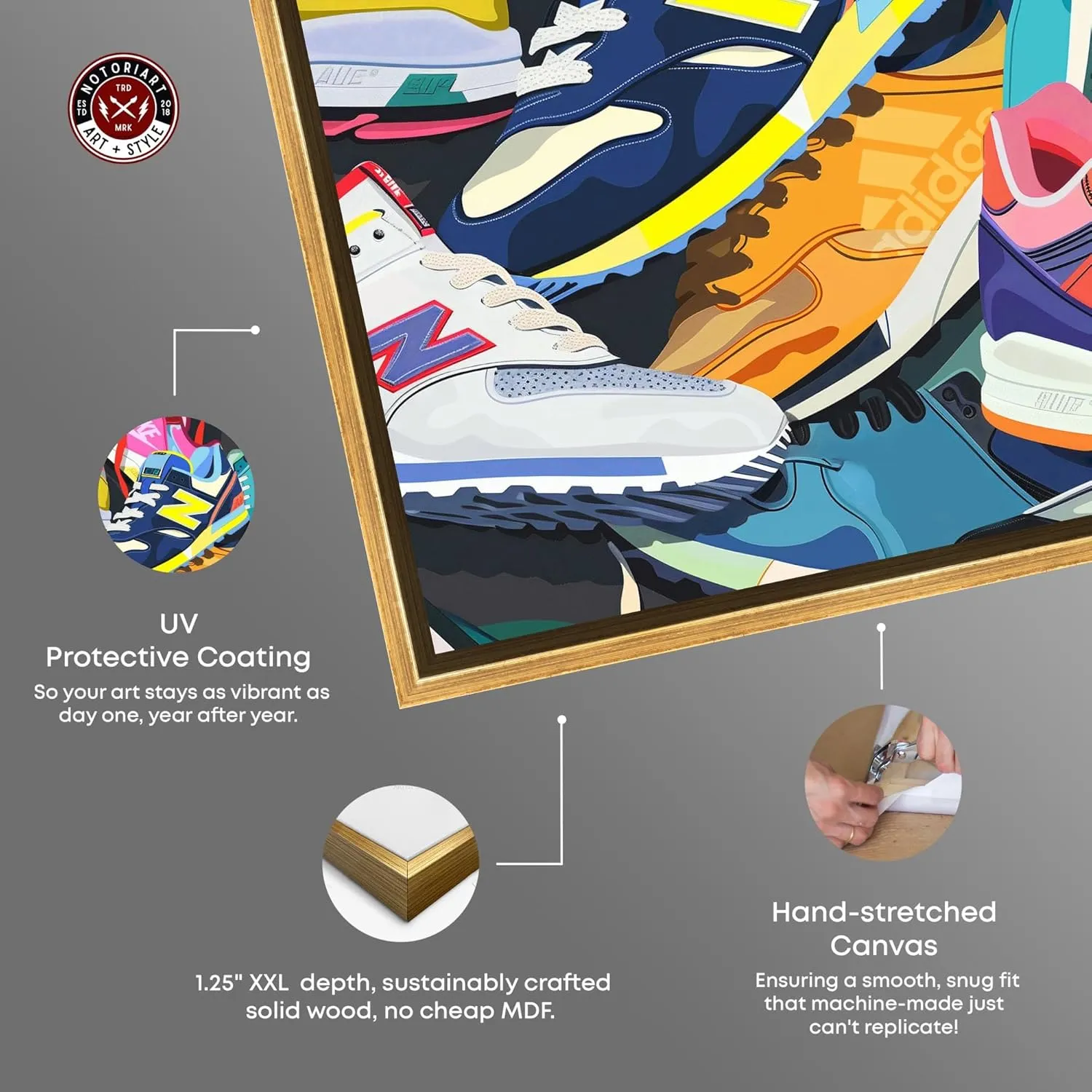 Pile of Sneakers Canvas Urban Graffiti Wall Art by Notoriart, Gold Frame, 24" x 36"
