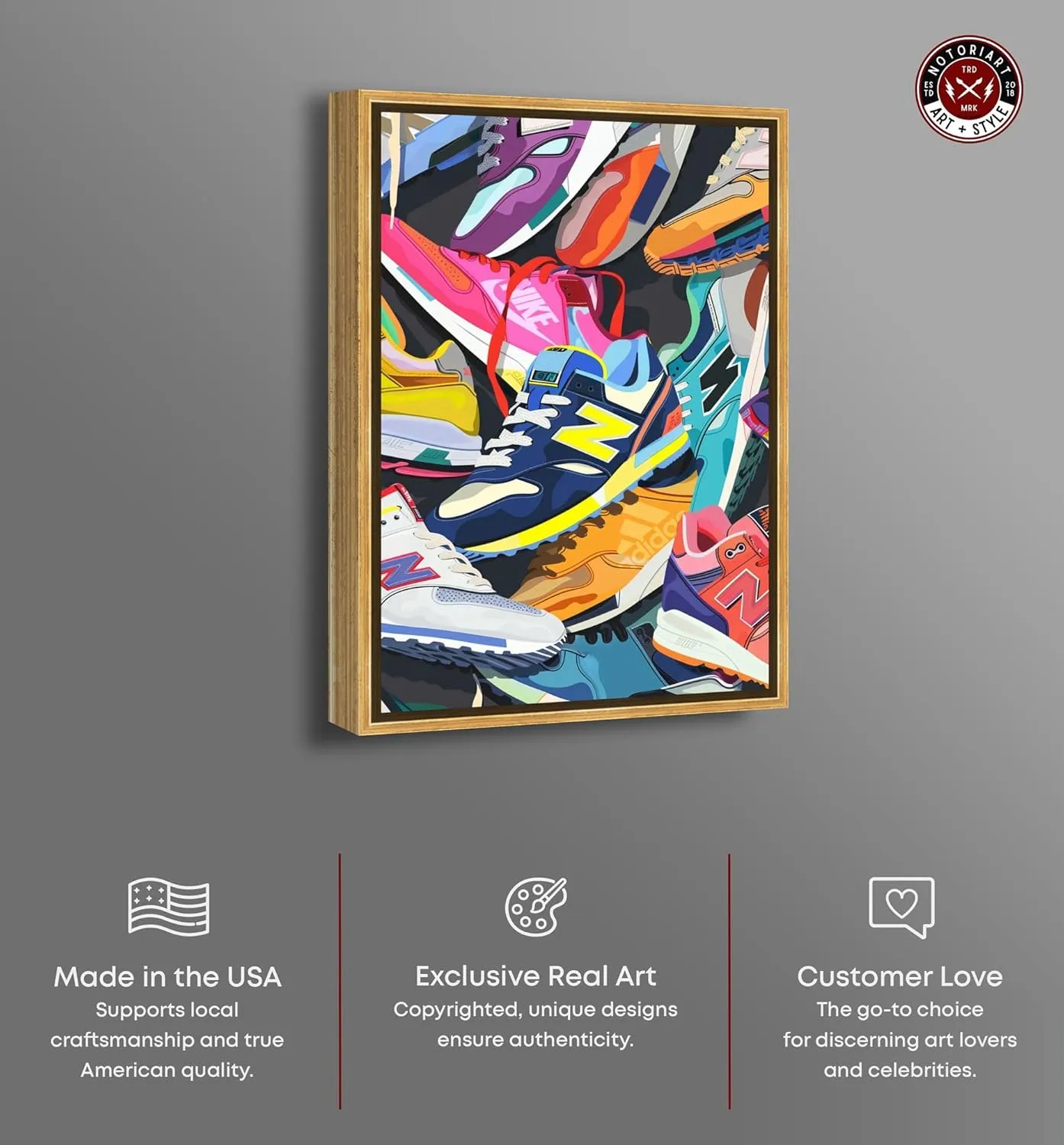 Pile of Sneakers Canvas Urban Graffiti Wall Art by Notoriart, Gold Frame, 24" x 36"