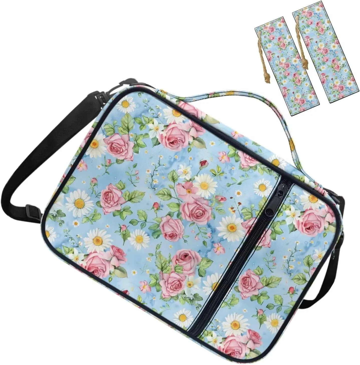 Pink Rose Graphic Bible Bags for Women Organizer Girls Casual Lightweight Bible Tote Bag for Standard and Large Size Study Bible Kids Stylish Bibile Cover with 2 Leather Bookmarks