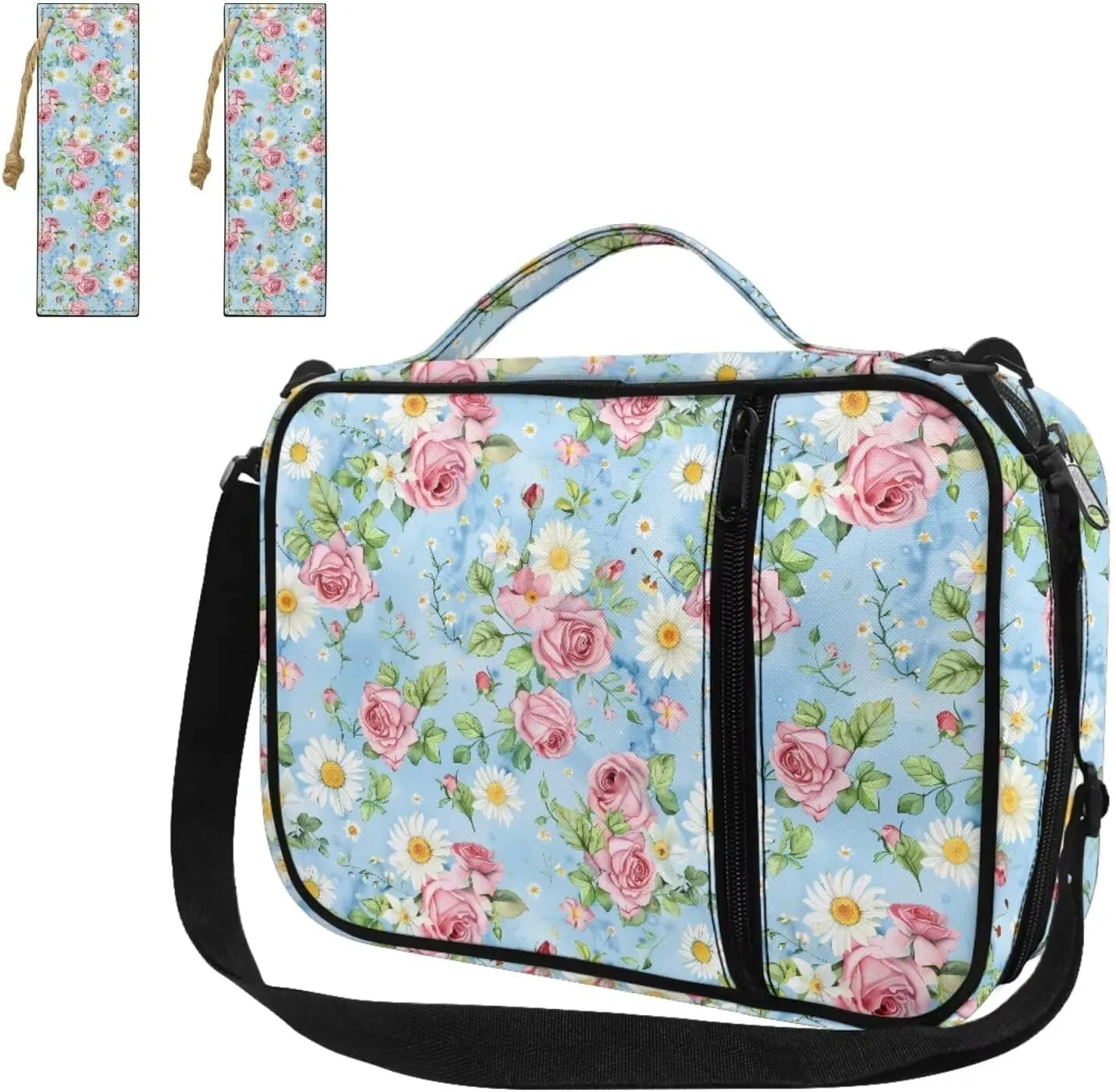Pink Rose Graphic Bible Bags for Women Organizer Girls Casual Lightweight Bible Tote Bag for Standard and Large Size Study Bible Kids Stylish Bibile Cover with 2 Leather Bookmarks