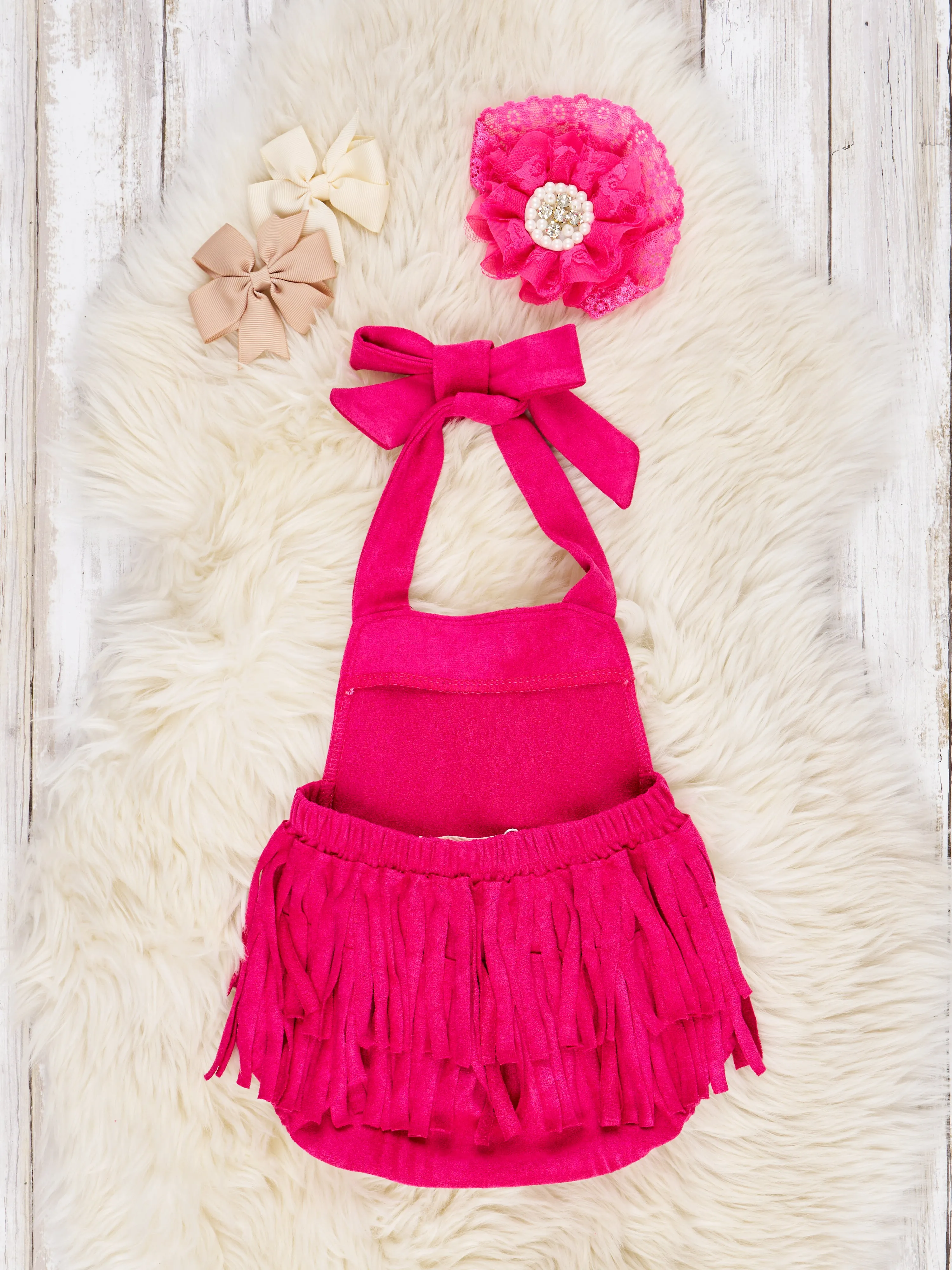 Pink Suede Fringe Tie Romper