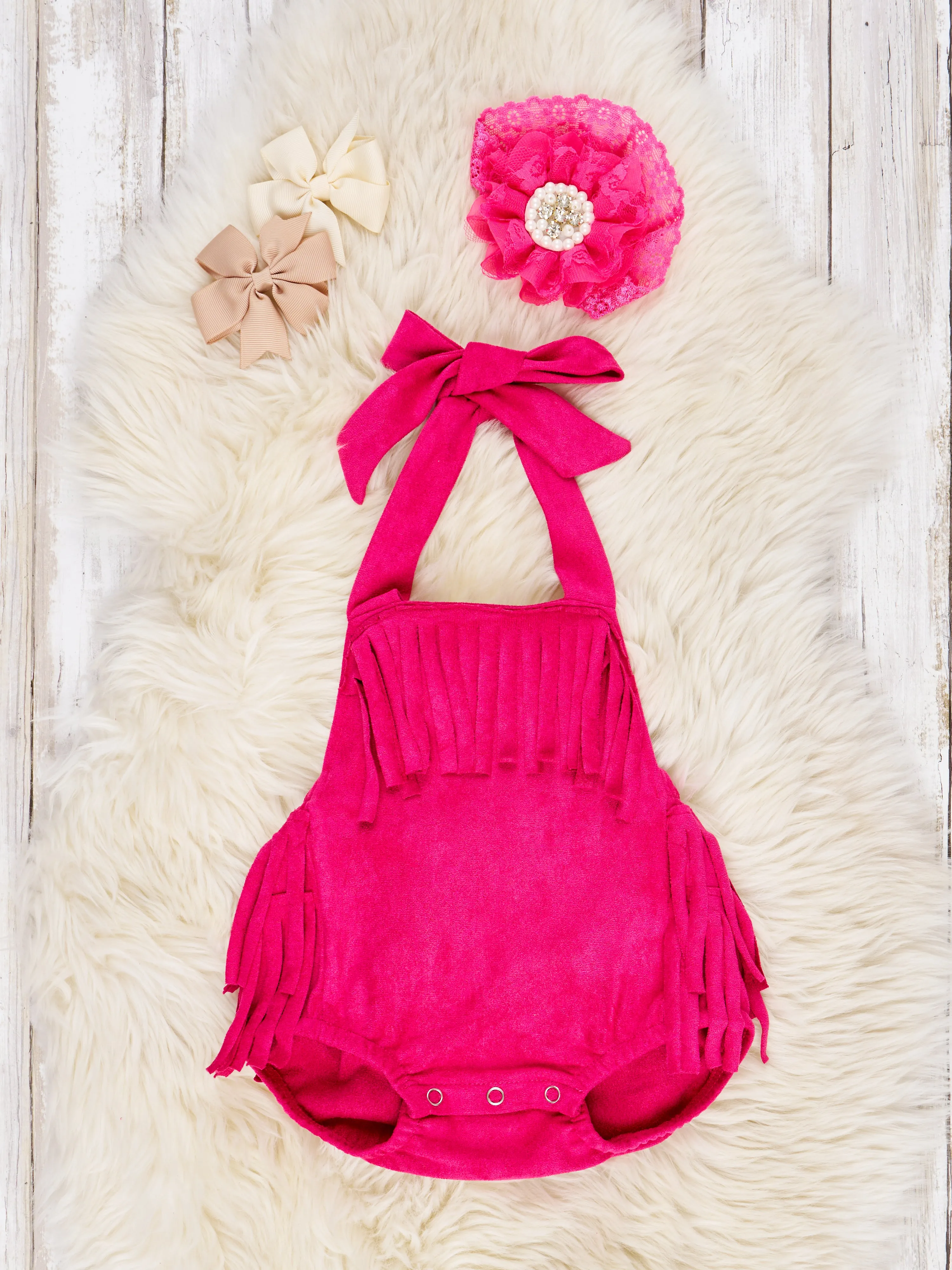 Pink Suede Fringe Tie Romper