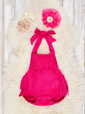 Pink Suede Fringe Tie Romper
