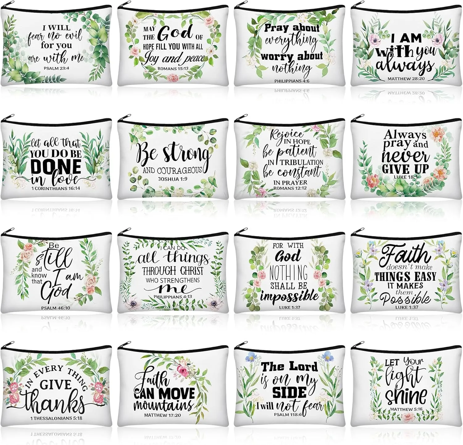 Pinkunn 16 Pcs Canvas Cosmetic Bag Bulk Inspirational Quotes Makeup Bags with Zipper Encouragement Travel Toiletry Pouch Appreciation Gift for Father's Day Graduation Summer Wedding(Bible Leaves)