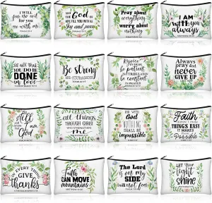 Pinkunn 16 Pcs Canvas Cosmetic Bag Bulk Inspirational Quotes Makeup Bags with Zipper Encouragement Travel Toiletry Pouch Appreciation Gift for Father's Day Graduation Summer Wedding(Bible Leaves)