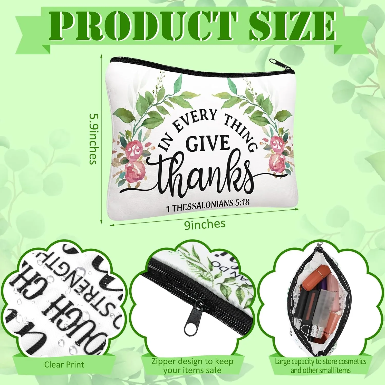 Pinkunn 16 Pcs Canvas Cosmetic Bag Bulk Inspirational Quotes Makeup Bags with Zipper Encouragement Travel Toiletry Pouch Appreciation Gift for Father's Day Graduation Summer Wedding(Bible Leaves)