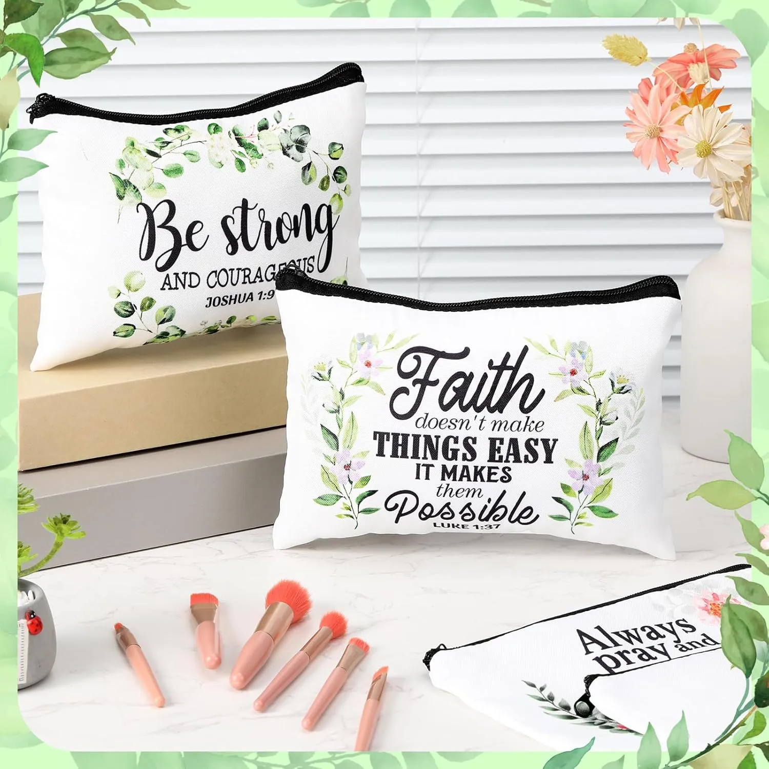 Pinkunn 16 Pcs Canvas Cosmetic Bag Bulk Inspirational Quotes Makeup Bags with Zipper Encouragement Travel Toiletry Pouch Appreciation Gift for Father's Day Graduation Summer Wedding(Bible Leaves)
