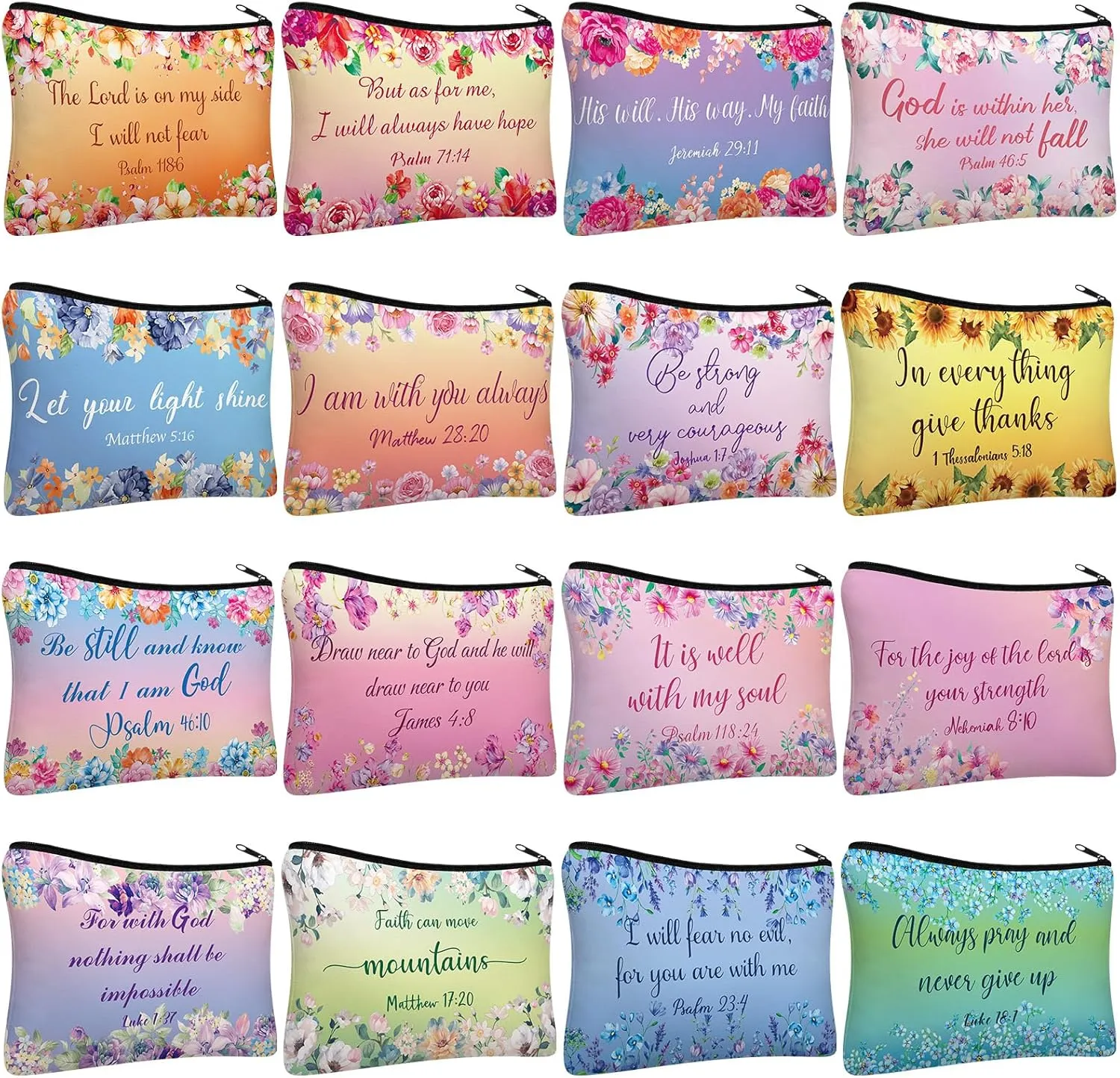 Pinkunn 16 Pcs Canvas Cosmetic Bag Bulk Inspirational Quotes Makeup Bags with Zipper Encouragement Travel Toiletry Pouch Appreciation Gift for Father's Day Graduation Summer Wedding(Bible)