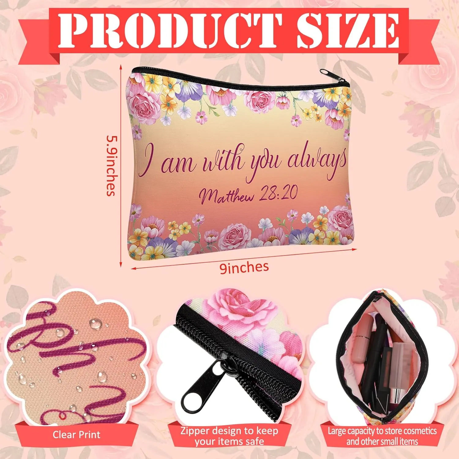 Pinkunn 16 Pcs Canvas Cosmetic Bag Bulk Inspirational Quotes Makeup Bags with Zipper Encouragement Travel Toiletry Pouch Appreciation Gift for Father's Day Graduation Summer Wedding(Bible)