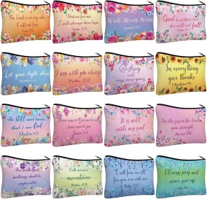 Pinkunn 16 Pcs Canvas Cosmetic Bag Bulk Inspirational Quotes Makeup Bags with Zipper Encouragement Travel Toiletry Pouch Appreciation Gift for Father's Day Graduation Summer Wedding(Bible)
