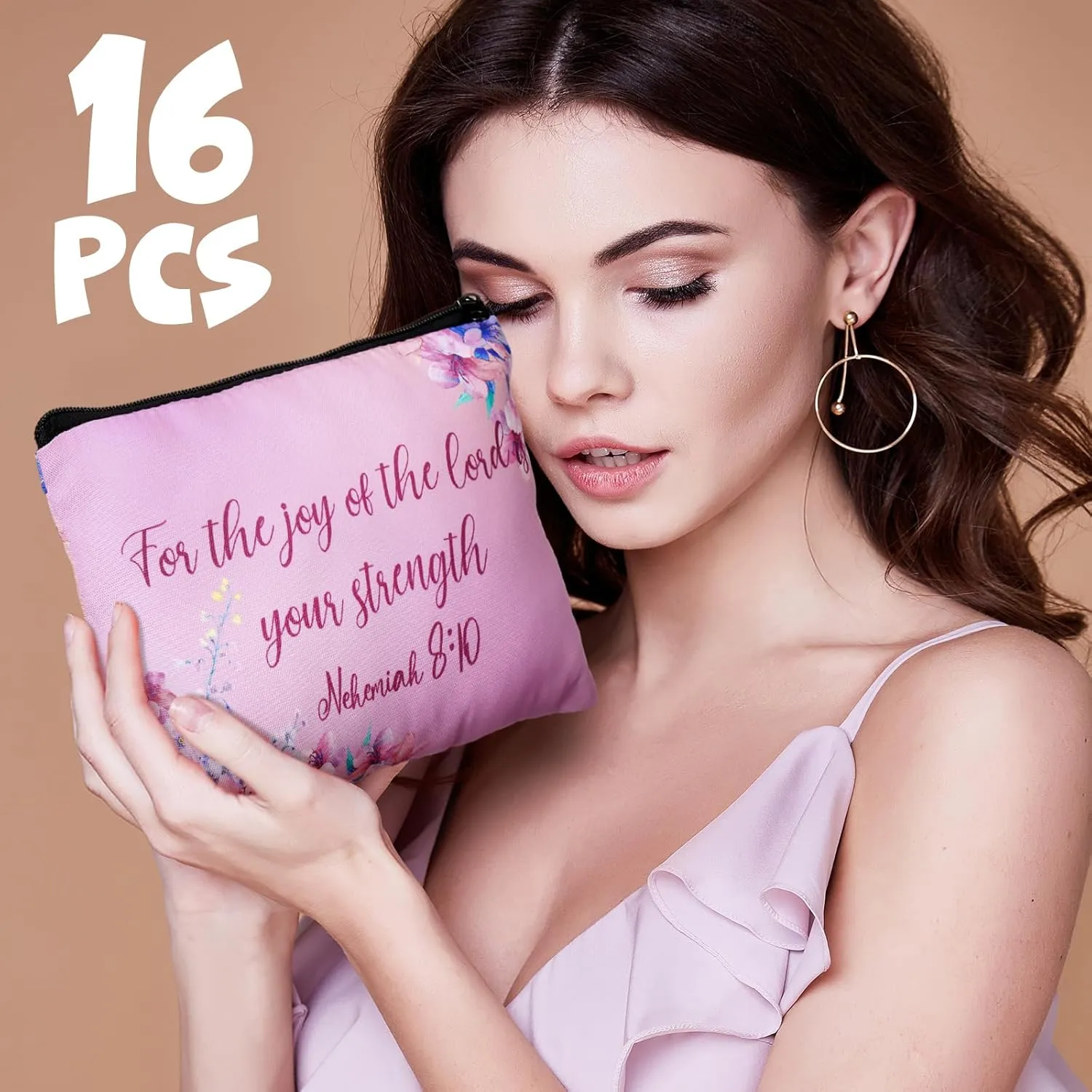 Pinkunn 16 Pcs Canvas Cosmetic Bag Bulk Inspirational Quotes Makeup Bags with Zipper Encouragement Travel Toiletry Pouch Appreciation Gift for Father's Day Graduation Summer Wedding(Bible)