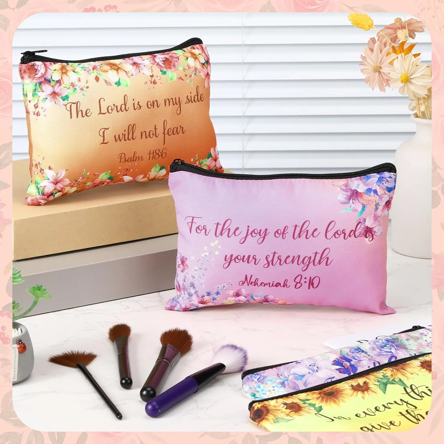 Pinkunn 16 Pcs Canvas Cosmetic Bag Bulk Inspirational Quotes Makeup Bags with Zipper Encouragement Travel Toiletry Pouch Appreciation Gift for Father's Day Graduation Summer Wedding(Bible)