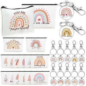 Pinkunn Rainbow Canvas Cosmetic Bag Bulk with Inspirational Quote Keychains Set 16 Pcs Cosmetic Bags 16 Pcs Keychains You are Amazing Beautiful Kind Travel Pouch Zipper for Women Graduation Gift