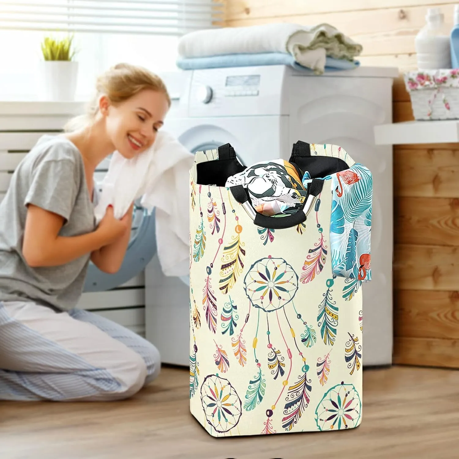Poeticcity Colorful Hand Drawn Native Indian American Dream Catcher Laundry Hamper Basket Bucket, Foldable Dirty Clothes Bag, Waterproof Fabric Washing Bin, Toy Storage with Handles for Bathroom