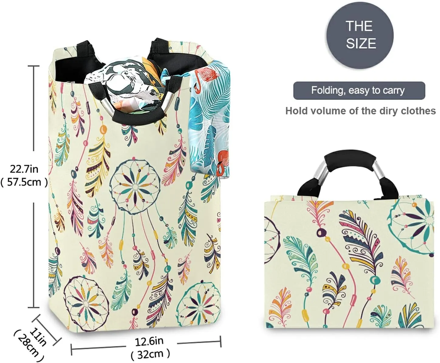 Poeticcity Colorful Hand Drawn Native Indian American Dream Catcher Laundry Hamper Basket Bucket, Foldable Dirty Clothes Bag, Waterproof Fabric Washing Bin, Toy Storage with Handles for Bathroom