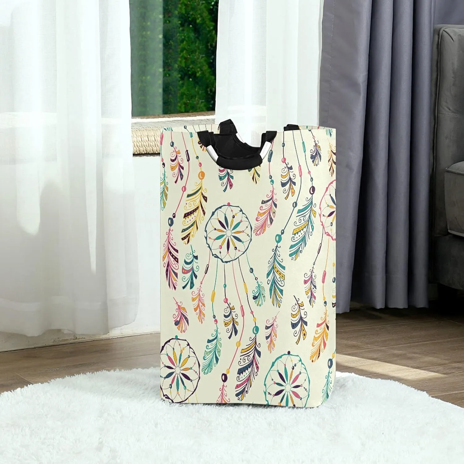 Poeticcity Colorful Hand Drawn Native Indian American Dream Catcher Laundry Hamper Basket Bucket, Foldable Dirty Clothes Bag, Waterproof Fabric Washing Bin, Toy Storage with Handles for Bathroom