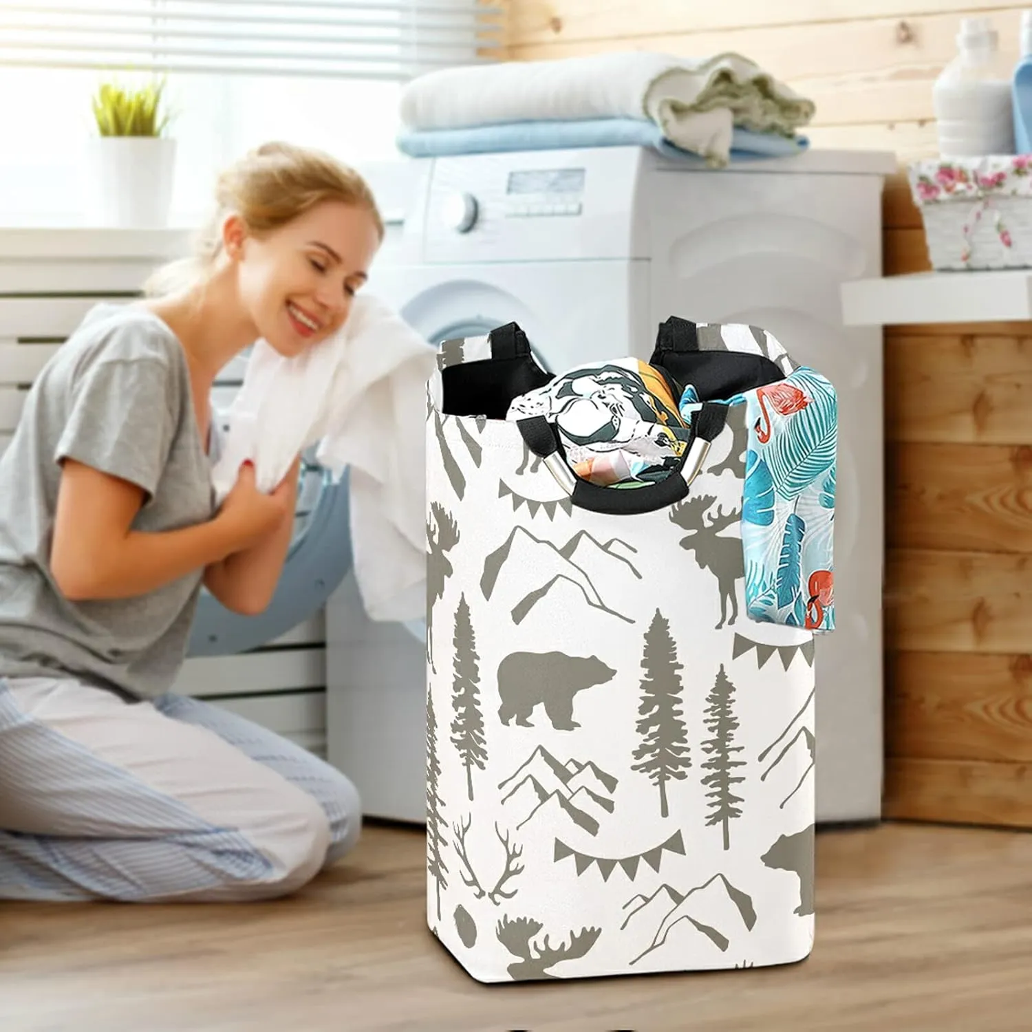 Poeticcity Forest Moose Bear Mountain Trees Wild Nature Retro Grey Style Laundry Hamper Basket Bucket, Foldable Dirty Clothes Bag, Waterproof Fabric Washing Bin, Toy Storage with Handles for Bathroom