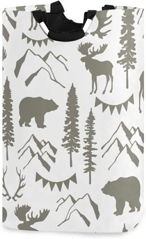 Poeticcity Forest Moose Bear Mountain Trees Wild Nature Retro Grey Style Laundry Hamper Basket Bucket, Foldable Dirty Clothes Bag, Waterproof Fabric Washing Bin, Toy Storage with Handles for Bathroom