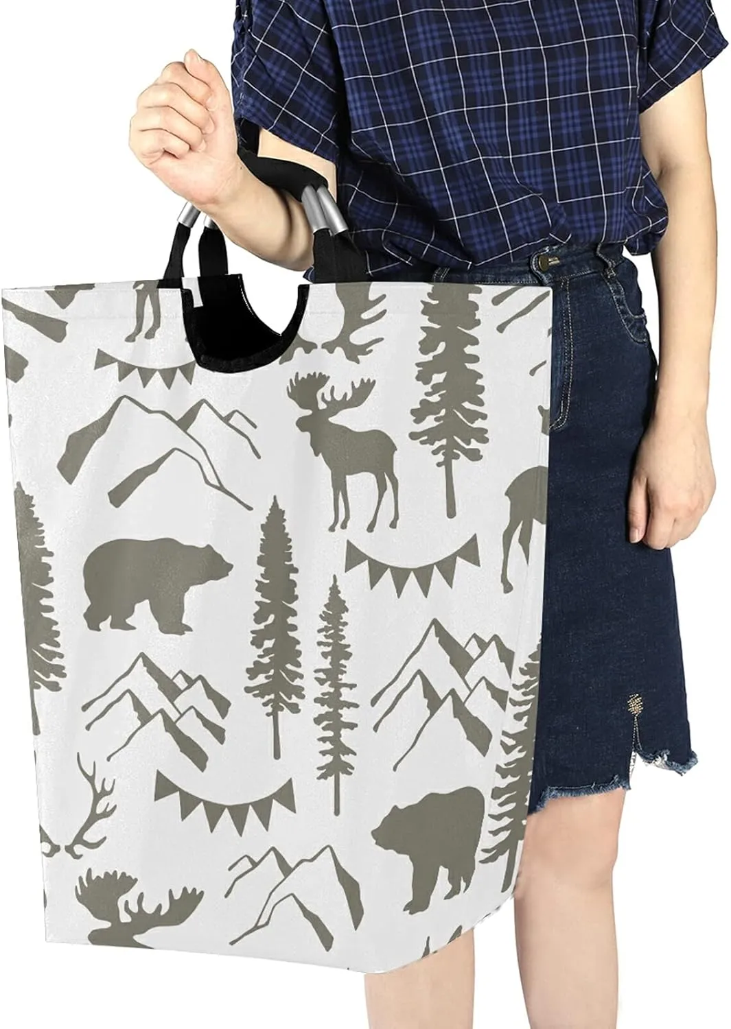 Poeticcity Forest Moose Bear Mountain Trees Wild Nature Retro Grey Style Laundry Hamper Basket Bucket, Foldable Dirty Clothes Bag, Waterproof Fabric Washing Bin, Toy Storage with Handles for Bathroom