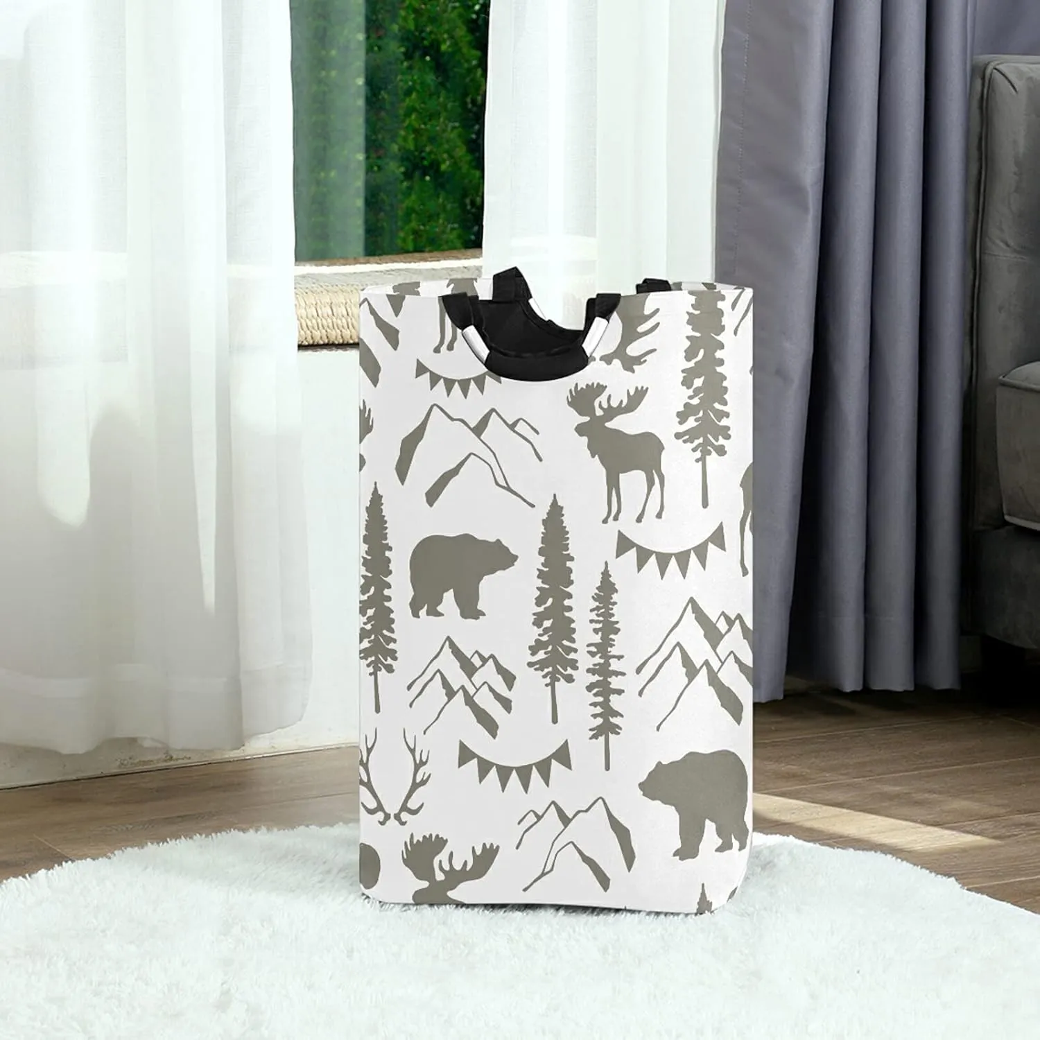 Poeticcity Forest Moose Bear Mountain Trees Wild Nature Retro Grey Style Laundry Hamper Basket Bucket, Foldable Dirty Clothes Bag, Waterproof Fabric Washing Bin, Toy Storage with Handles for Bathroom