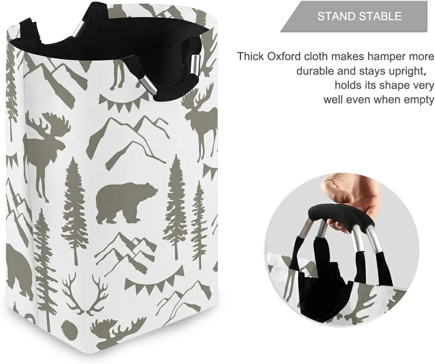 Poeticcity Forest Moose Bear Mountain Trees Wild Nature Retro Grey Style Laundry Hamper Basket Bucket, Foldable Dirty Clothes Bag, Waterproof Fabric Washing Bin, Toy Storage with Handles for Bathroom
