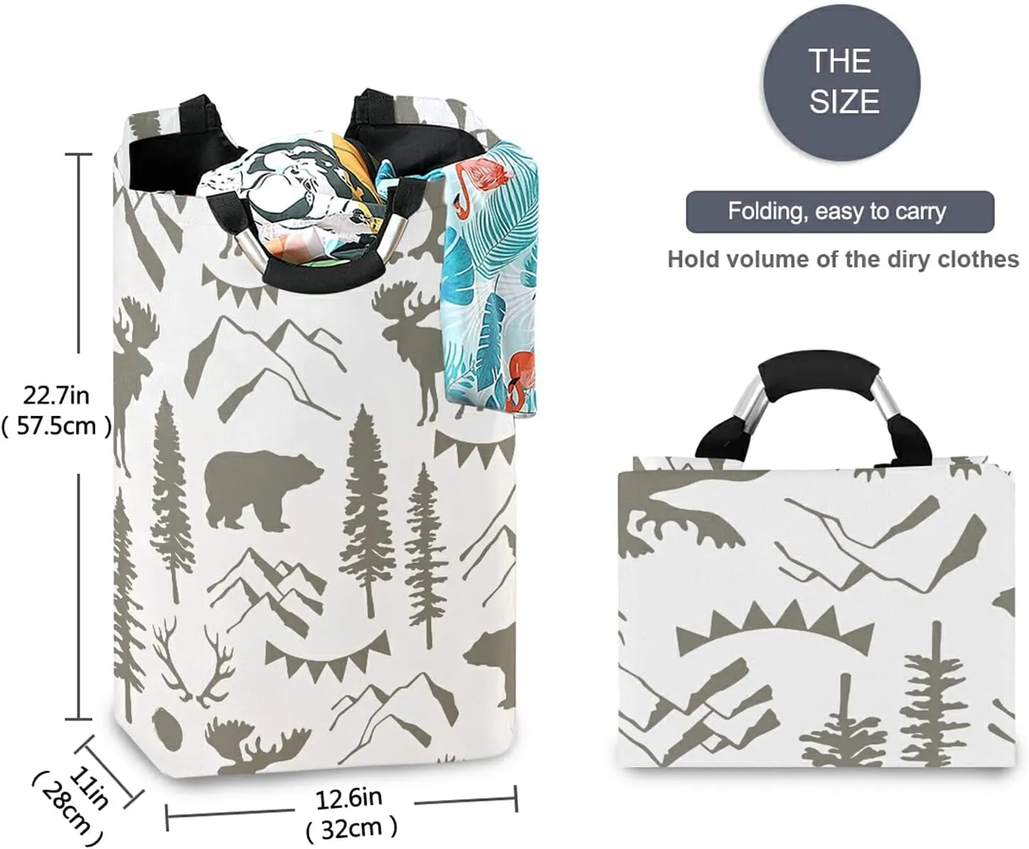 Poeticcity Forest Moose Bear Mountain Trees Wild Nature Retro Grey Style Laundry Hamper Basket Bucket, Foldable Dirty Clothes Bag, Waterproof Fabric Washing Bin, Toy Storage with Handles for Bathroom