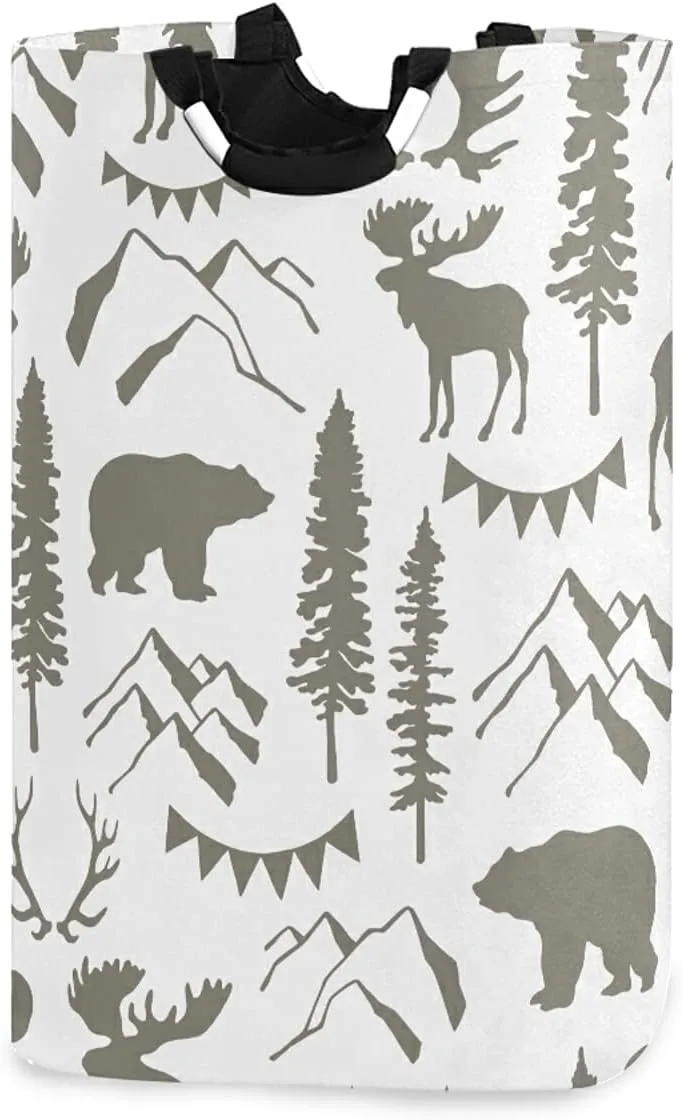 Poeticcity Forest Moose Bear Mountain Trees Wild Nature Retro Grey Style Laundry Hamper Basket Bucket, Foldable Dirty Clothes Bag, Waterproof Fabric Washing Bin, Toy Storage with Handles for Bathroom