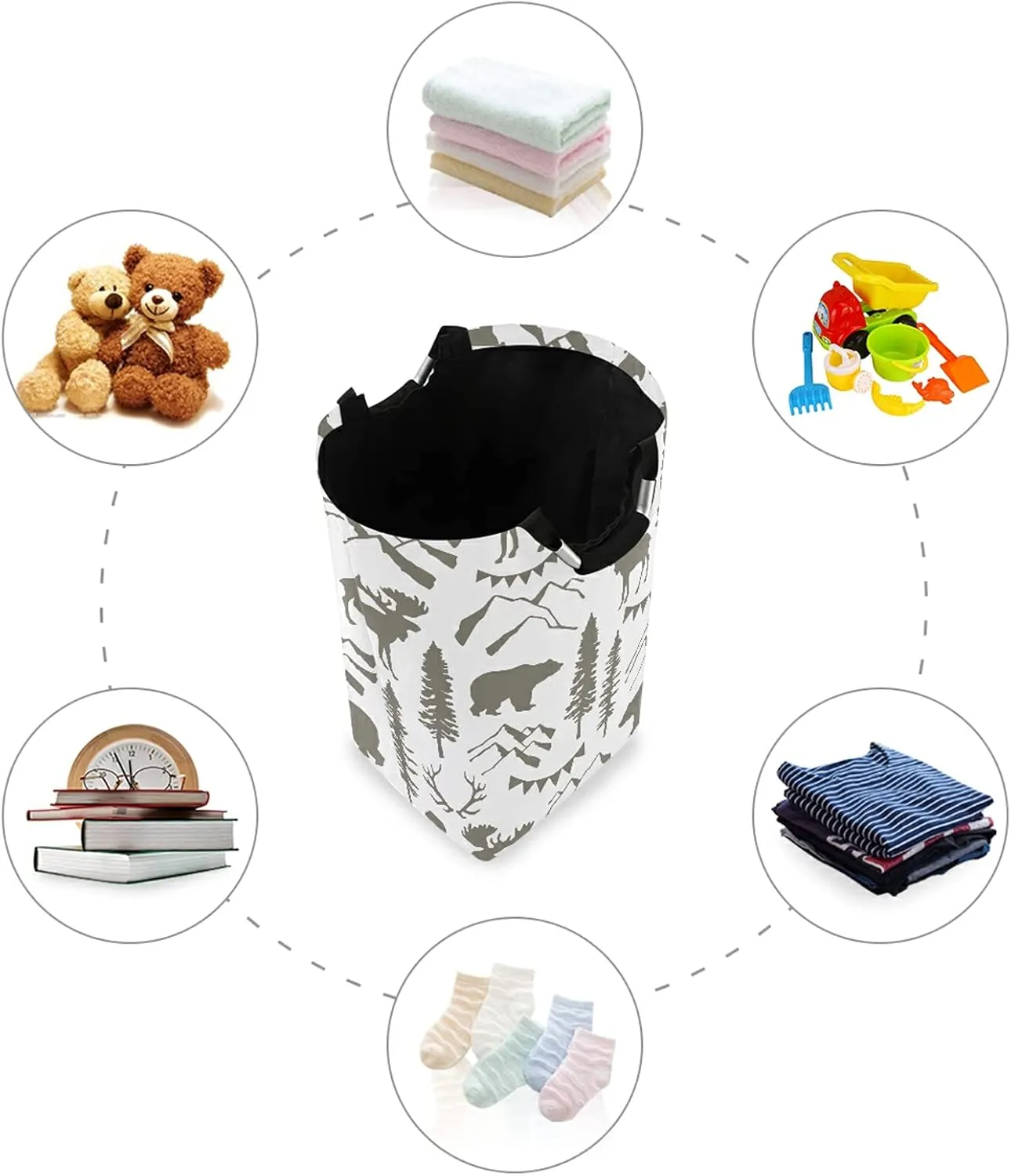 Poeticcity Forest Moose Bear Mountain Trees Wild Nature Retro Grey Style Laundry Hamper Basket Bucket, Foldable Dirty Clothes Bag, Waterproof Fabric Washing Bin, Toy Storage with Handles for Bathroom
