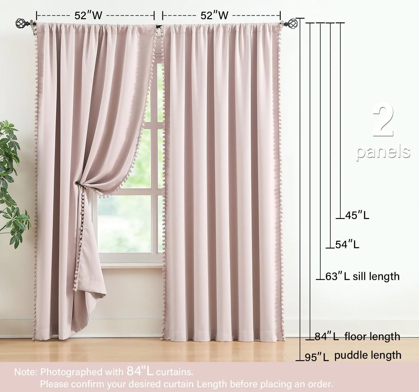 Pom Pom Curtains for Bedroom Pink Girls Room Blackout Window Drapes 63" Energy Efficient Thermal Insulated Living Room Darkening Curtain Panels 2pcs