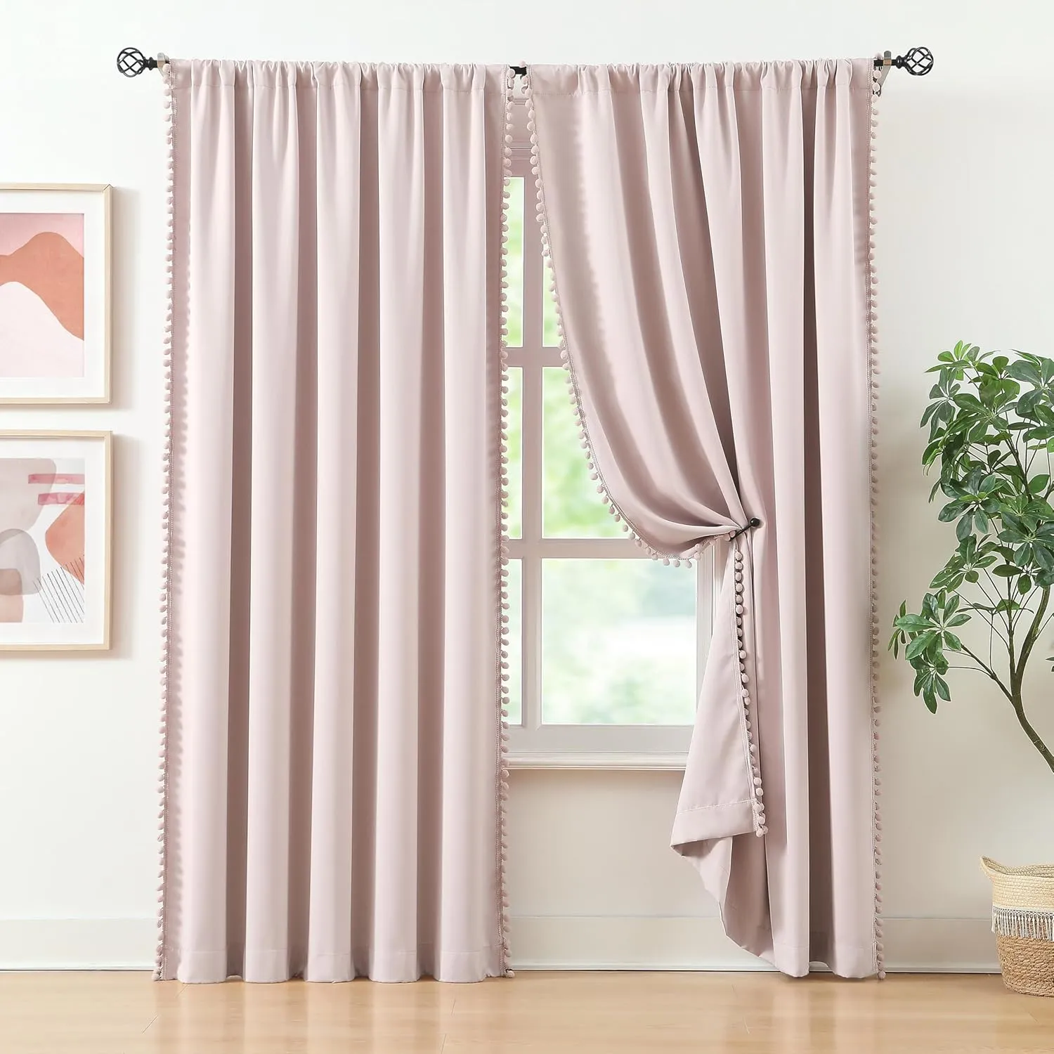 Pom Pom Curtains for Bedroom Pink Girls Room Blackout Window Drapes 63" Energy Efficient Thermal Insulated Living Room Darkening Curtain Panels 2pcs