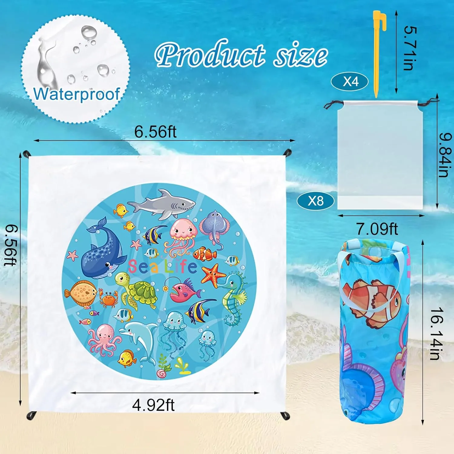 Portable Square Baby Beach Pool, 6.5 X 6.5 Feet Marine Cartoon Animals Toddler Puddle Pool Blue 2 in 1 Childs Beach Blanket and Kiddie Pools Flexible Kids Beach Pools with Carrying Bag for Boys Girls