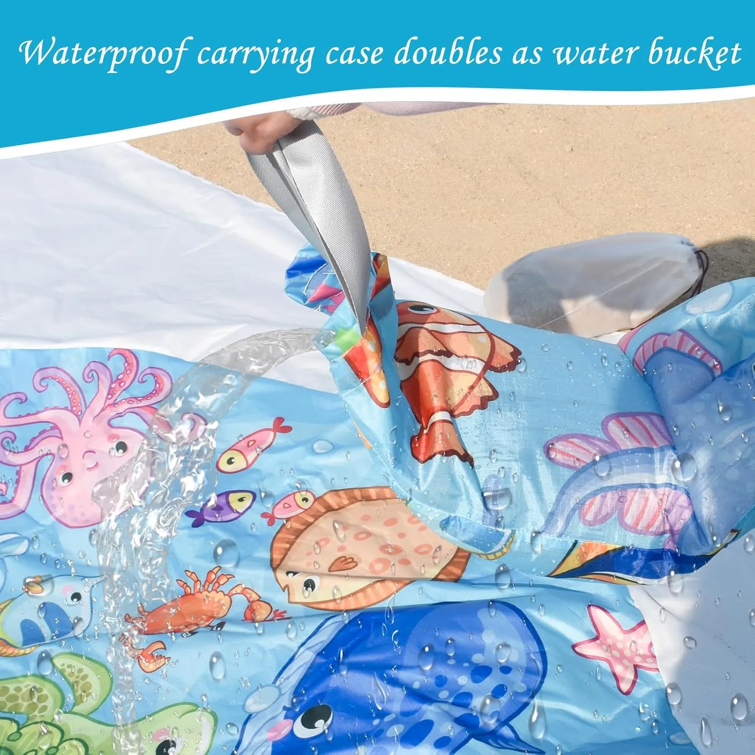 Portable Square Baby Beach Pool, 6.5 X 6.5 Feet Marine Cartoon Animals Toddler Puddle Pool Blue 2 in 1 Childs Beach Blanket and Kiddie Pools Flexible Kids Beach Pools with Carrying Bag for Boys Girls