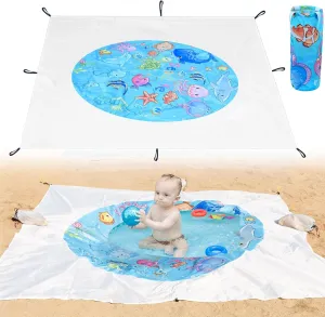 Portable Square Baby Beach Pool, 6.5 X 6.5 Feet Marine Cartoon Animals Toddler Puddle Pool Blue 2 in 1 Childs Beach Blanket and Kiddie Pools Flexible Kids Beach Pools with Carrying Bag for Boys Girls