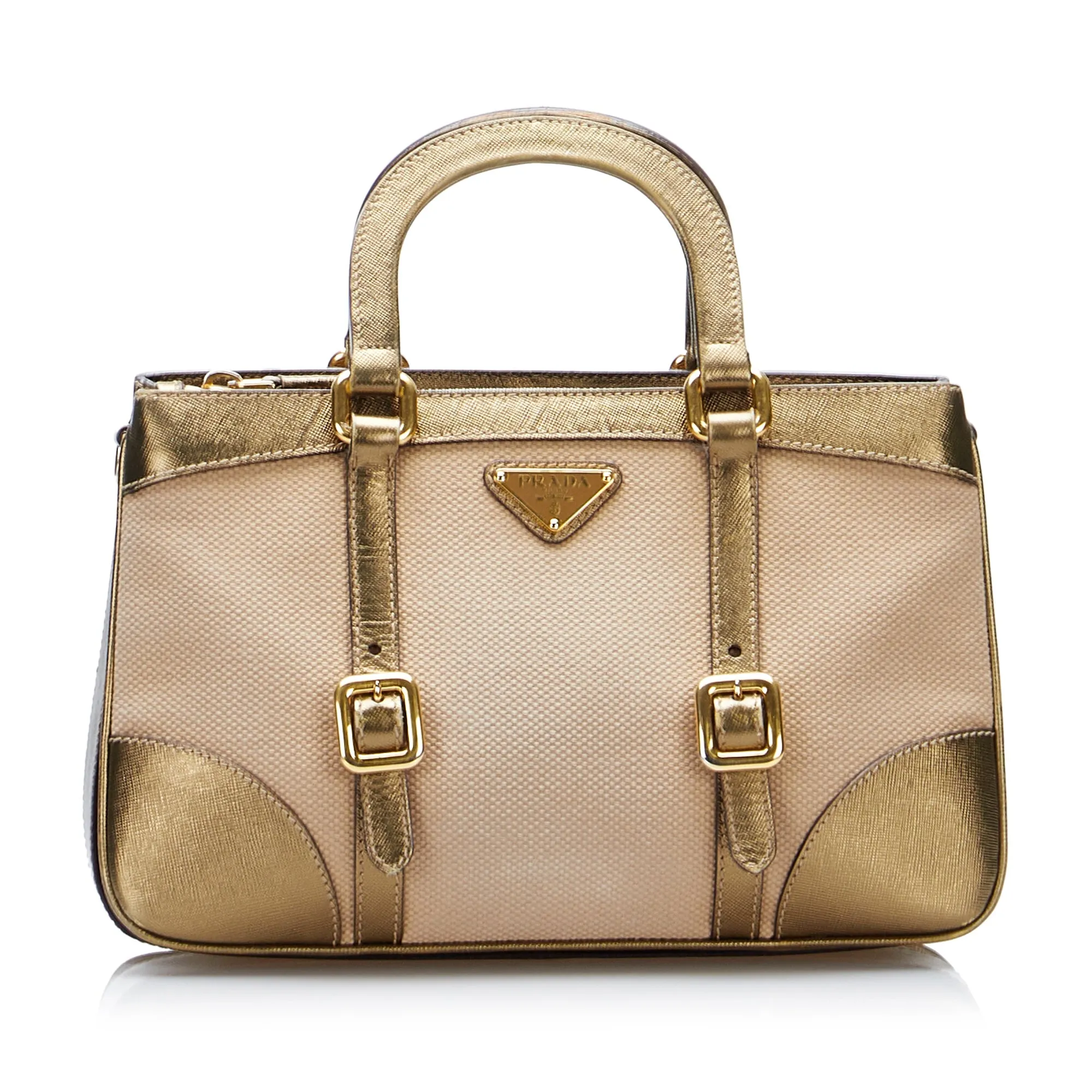 Prada Handbag Beige Saffiano Trimmed Canvas