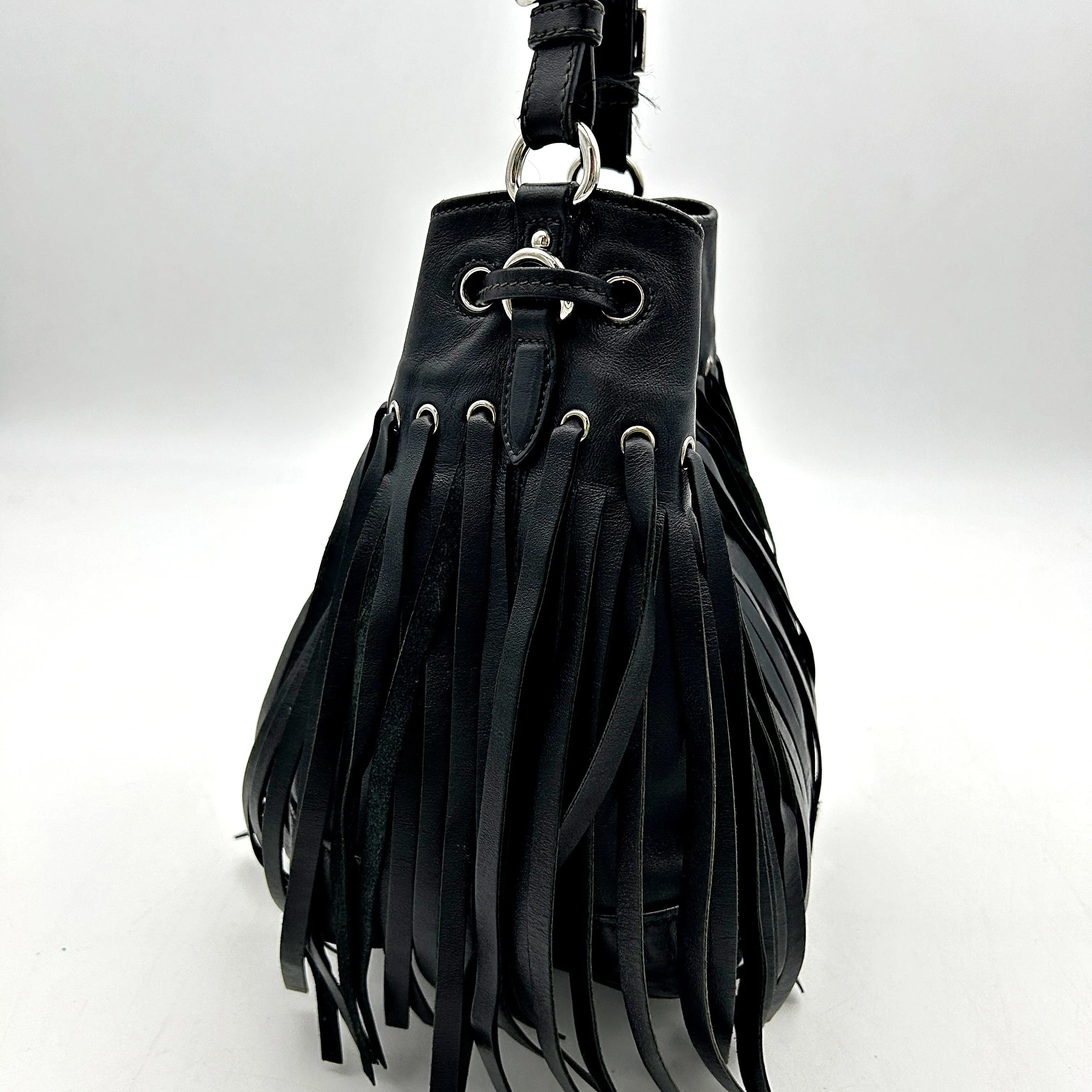 Pre-owned PRADA Soft Calf Fringe Bucket Bag Nero Black LA20836