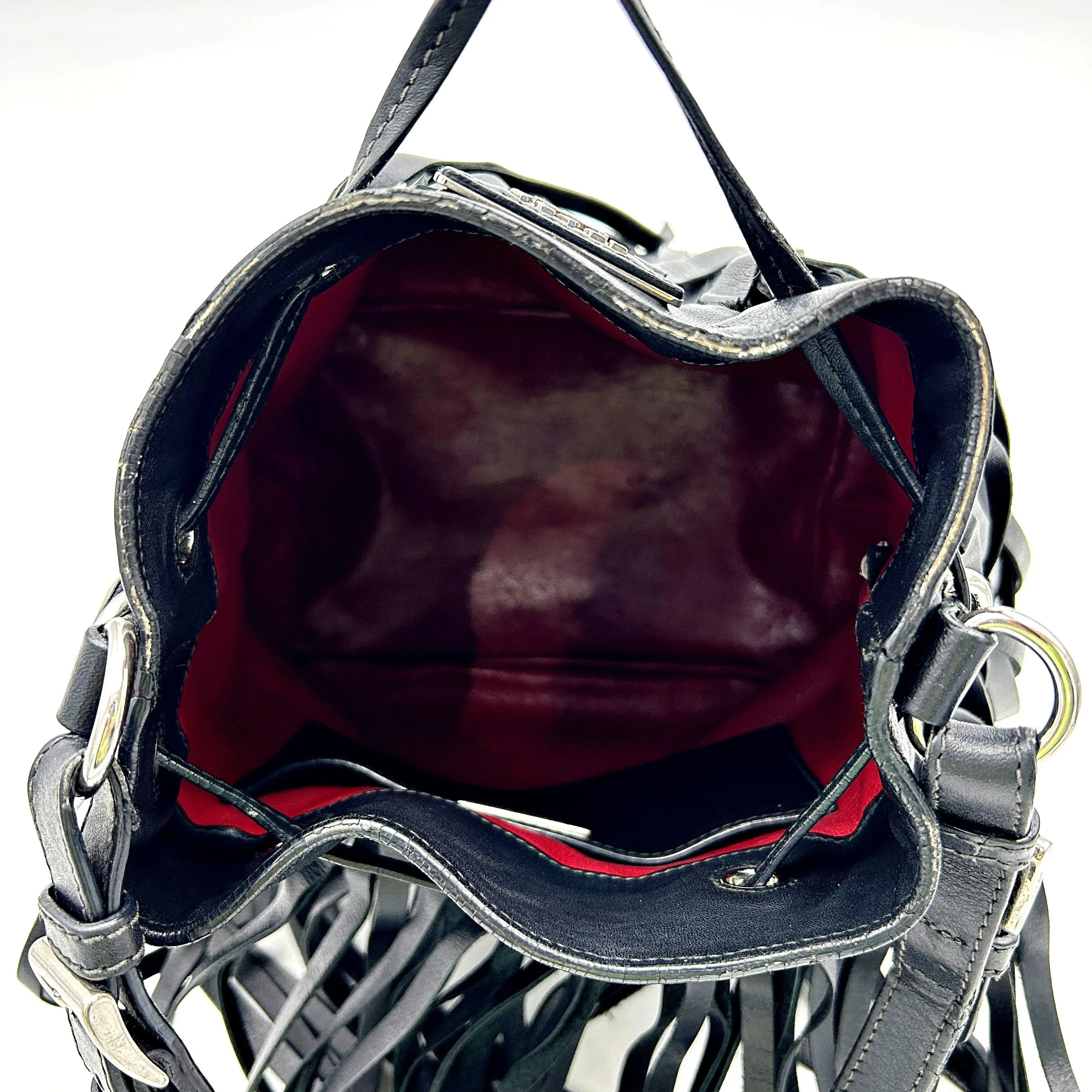Pre-owned PRADA Soft Calf Fringe Bucket Bag Nero Black LA20836