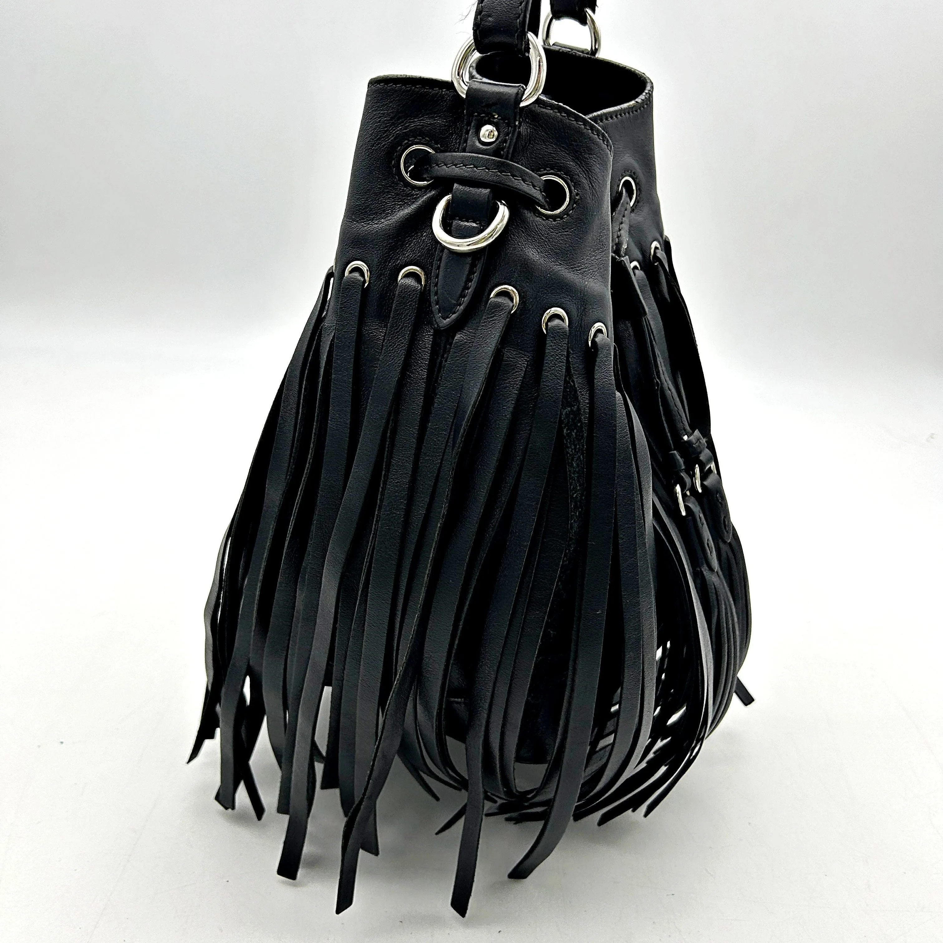 Pre-owned PRADA Soft Calf Fringe Bucket Bag Nero Black LA20836