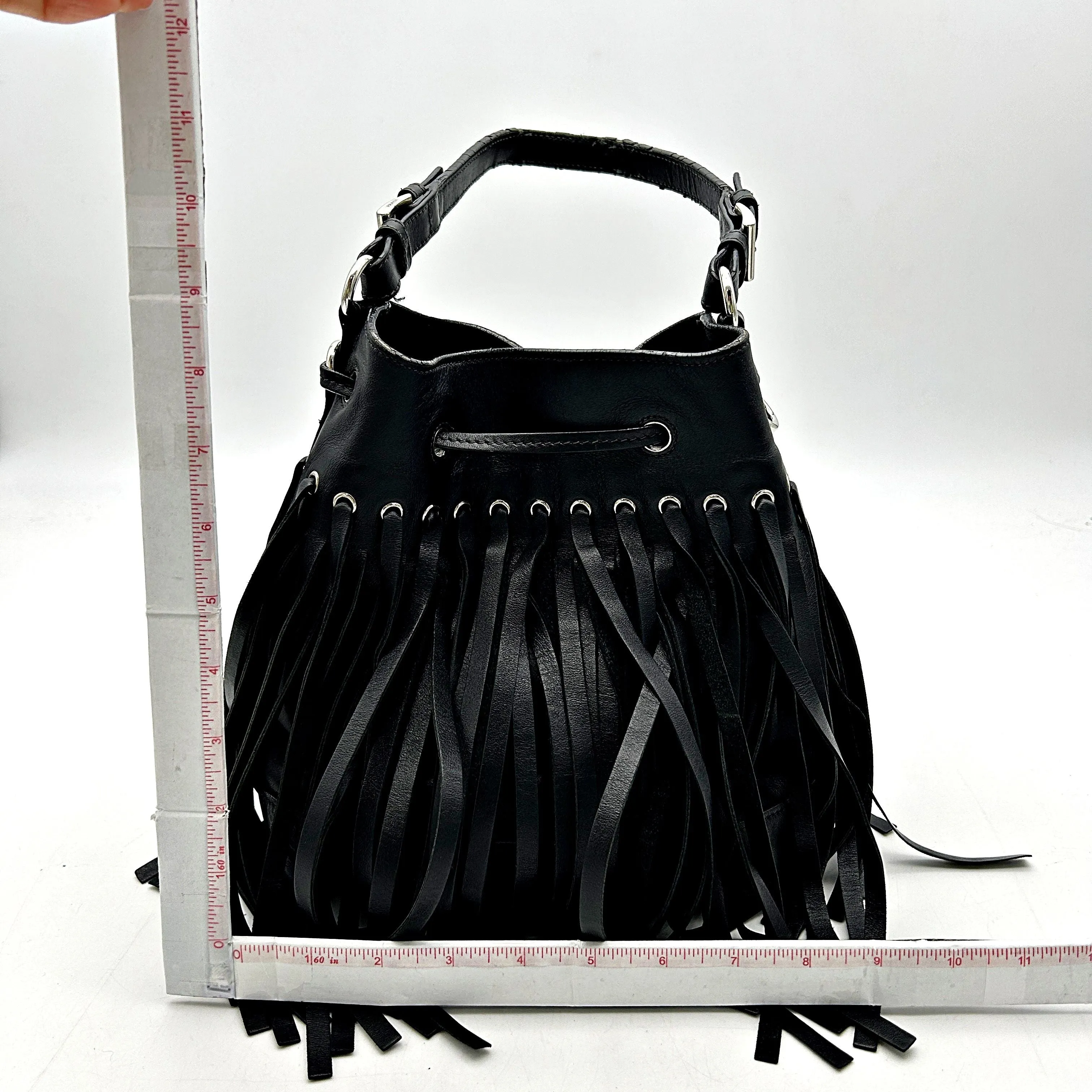 Pre-owned PRADA Soft Calf Fringe Bucket Bag Nero Black LA20836