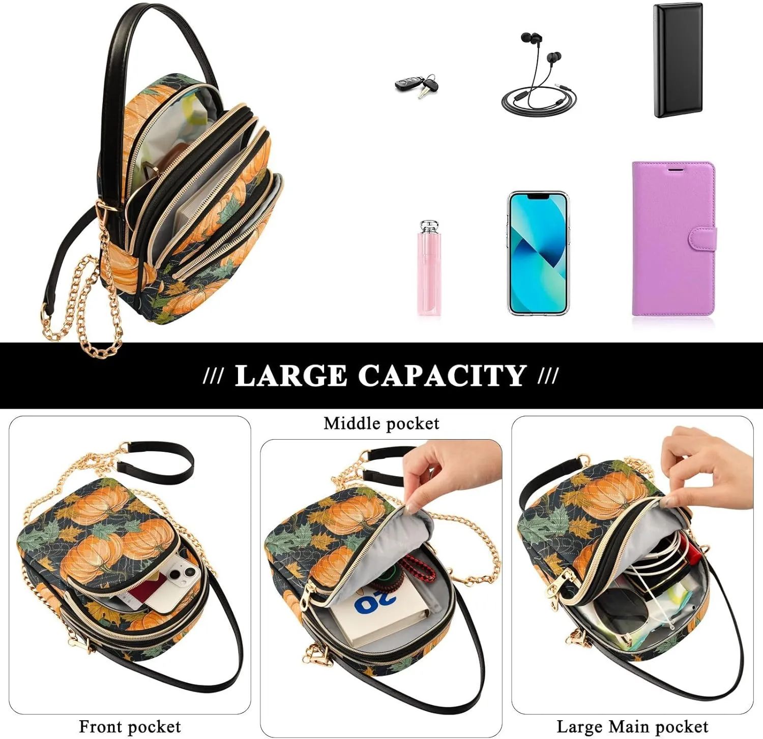 Pumpkin with Leaves and Vines Women's Purses Crossbody, Fashion Crossbody Bag Shoulder Bag with Zipper