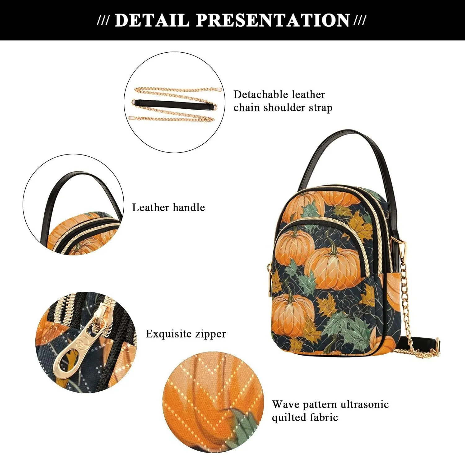 Pumpkin with Leaves and Vines Women's Purses Crossbody, Fashion Crossbody Bag Shoulder Bag with Zipper