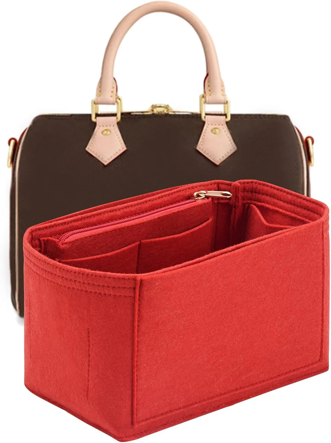 Purse Organizer Insert for Handbags & Zipper Felt Bag Compatible with Speedy 20 (Red, Small)