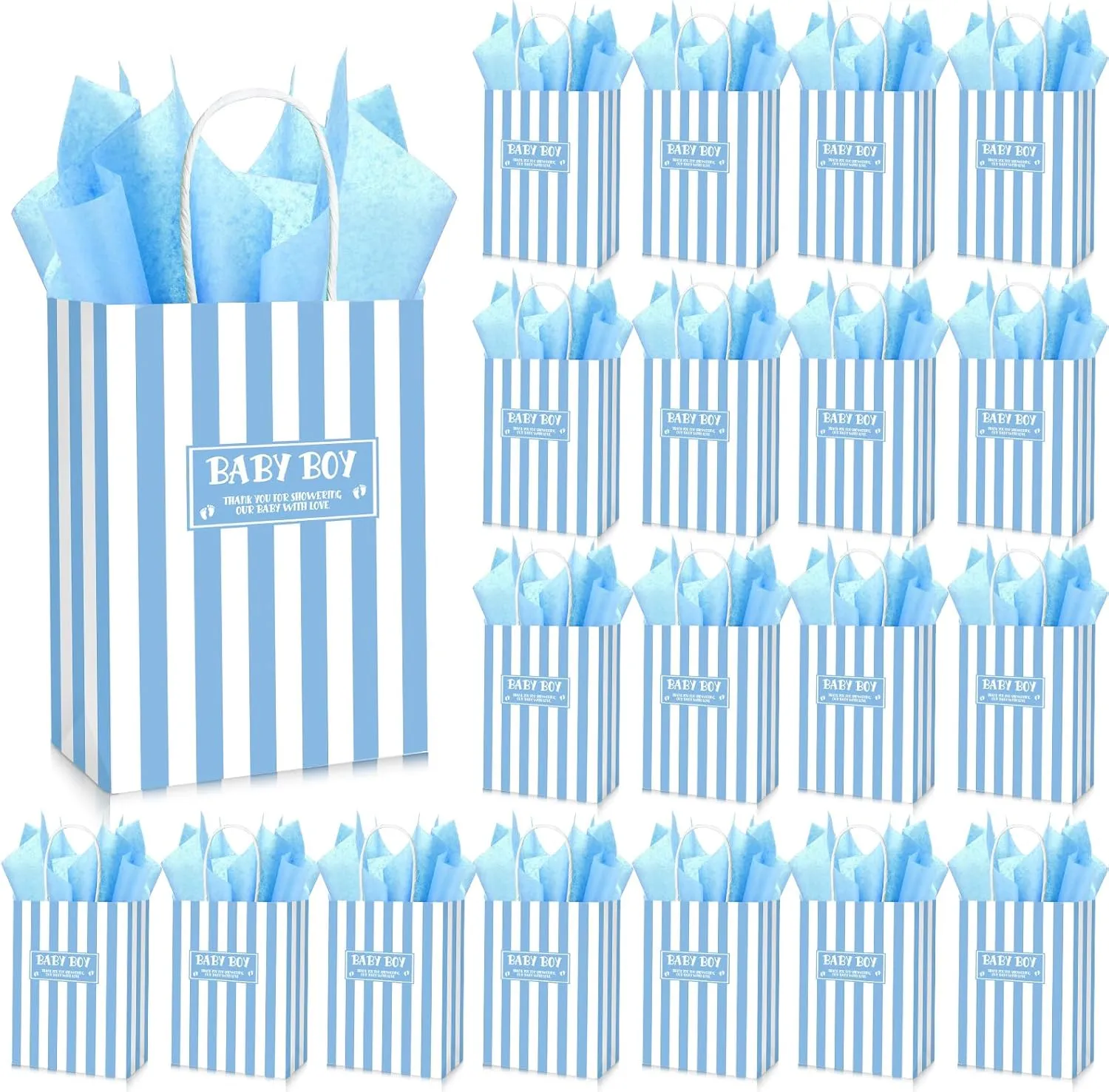 Qeeenar 50 Set Baby Shower Gifts Bag with Tissue Papers Stripe Baby Shower Favors Bag with Handle Thank You Goodie Treat Thank You Gift wraps for Guests Gifts Gender Reveal(Boy,Blue)