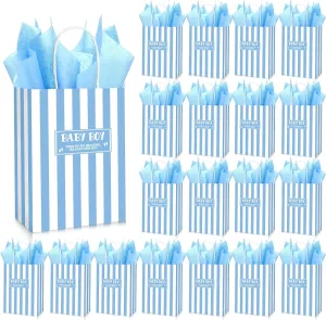 Qeeenar 50 Set Baby Shower Gifts Bag with Tissue Papers Stripe Baby Shower Favors Bag with Handle Thank You Goodie Treat Thank You Gift wraps for Guests Gifts Gender Reveal(Boy,Blue)