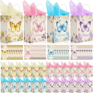 Qeeenar 72 Sets Mother's Day Gift for Church Christian Gift Bags Bulk Butterfly Religious Bible Verse Bags with Blessing Cards Tissue Paper for Mother's Day Baptism Church Wedding