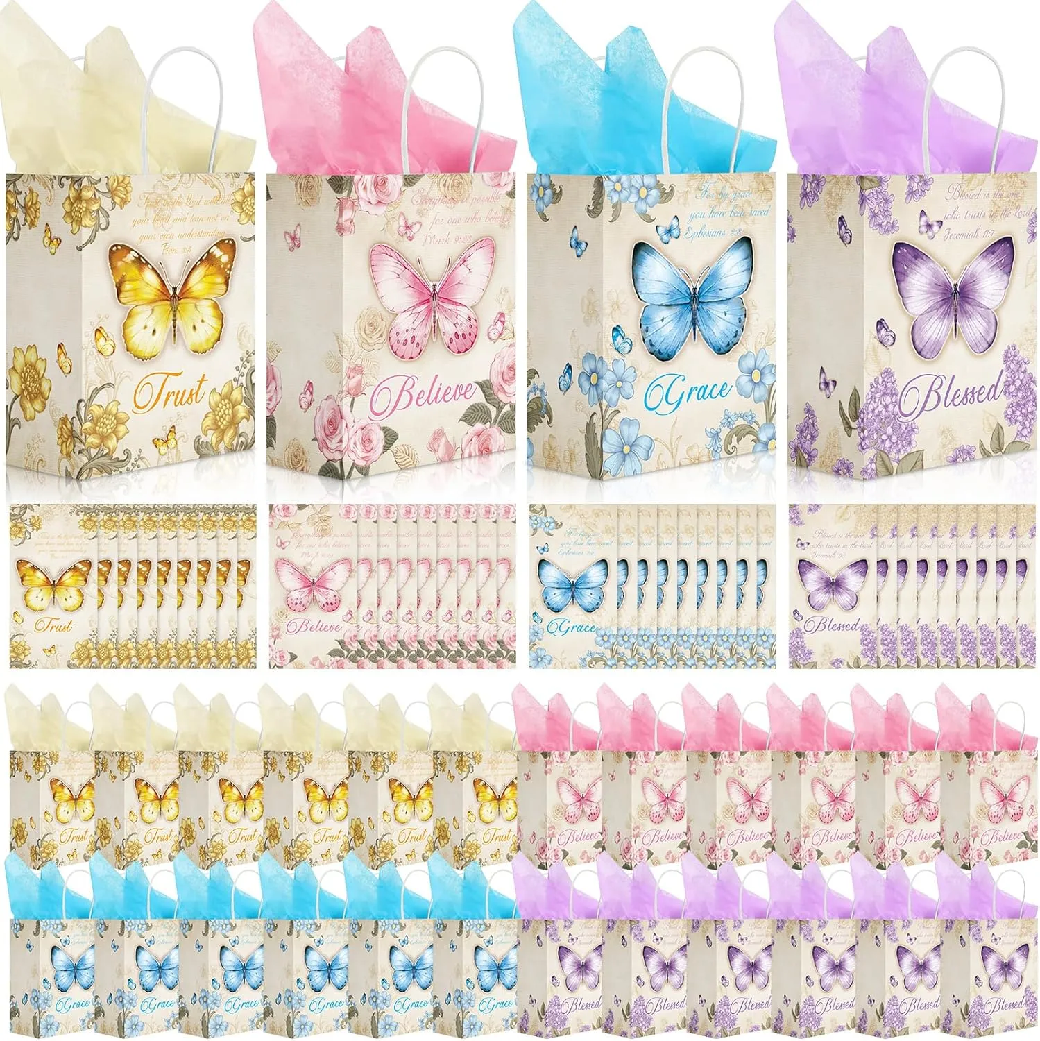 Qeeenar 72 Sets Mother's Day Gift for Church Christian Gift Bags Bulk Butterfly Religious Bible Verse Bags with Blessing Cards Tissue Paper for Mother's Day Baptism Church Wedding